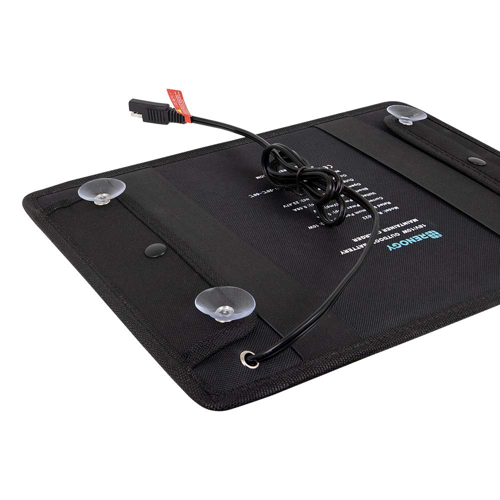 Renogy charger with alligator clips ensures secure battery attachment for on-site topping up.