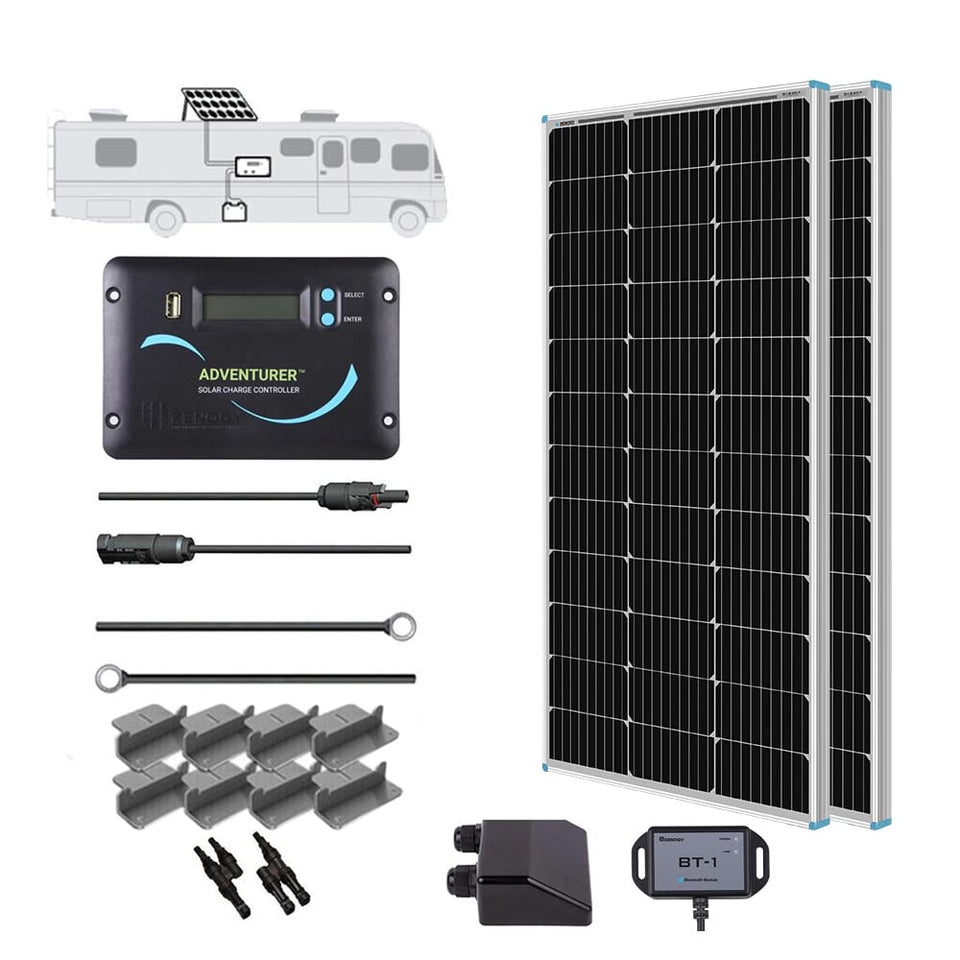 Renogy 200W RV solar panel pack front view powering outdoor adventures with quiet, reliable energy