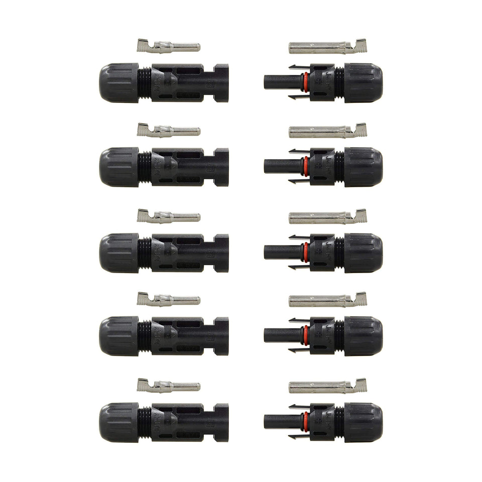 Renogy 5-pair solar panel cable connectors, male and female, designed for durable outdoor installations.