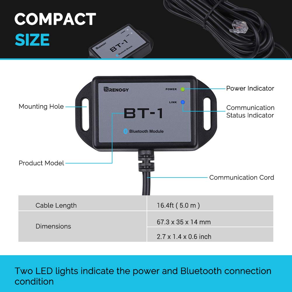 Renogy BT-1 powered through RJ12 port supports reliable setup without extra power.
