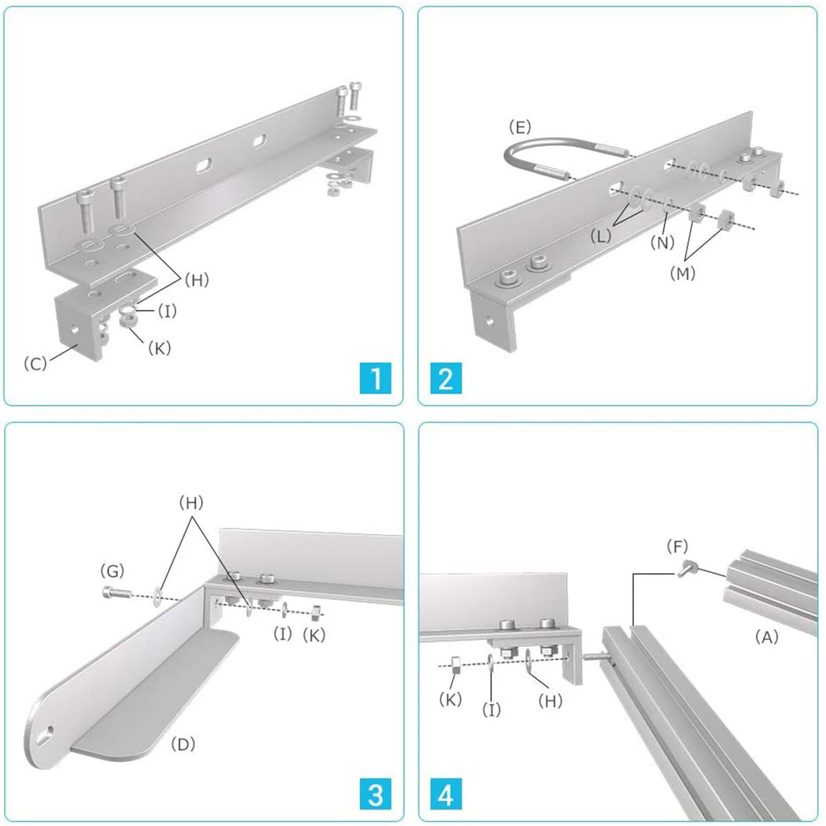 Renogy U-bolts with hardware enable secure surface attachment.