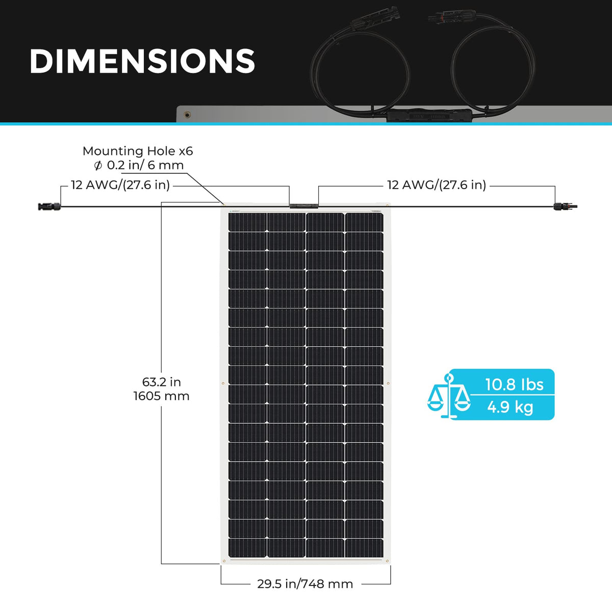 Renogy pre-drilled mounting holes with 12 AWG cables for quick setup