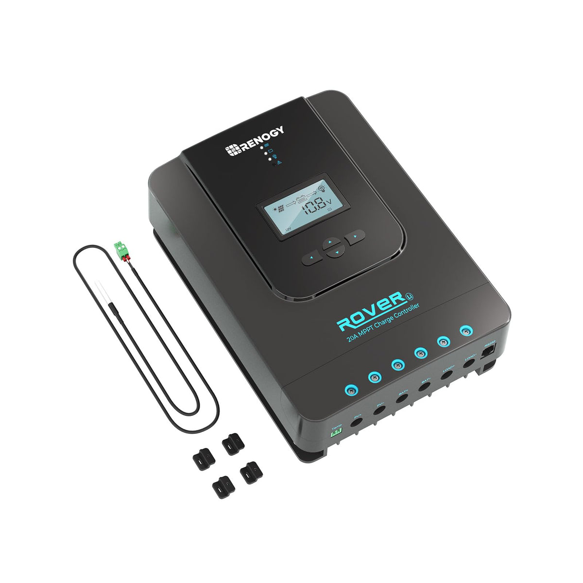 Renogy Rover 20A load output control powers DC devices like fans and lights.