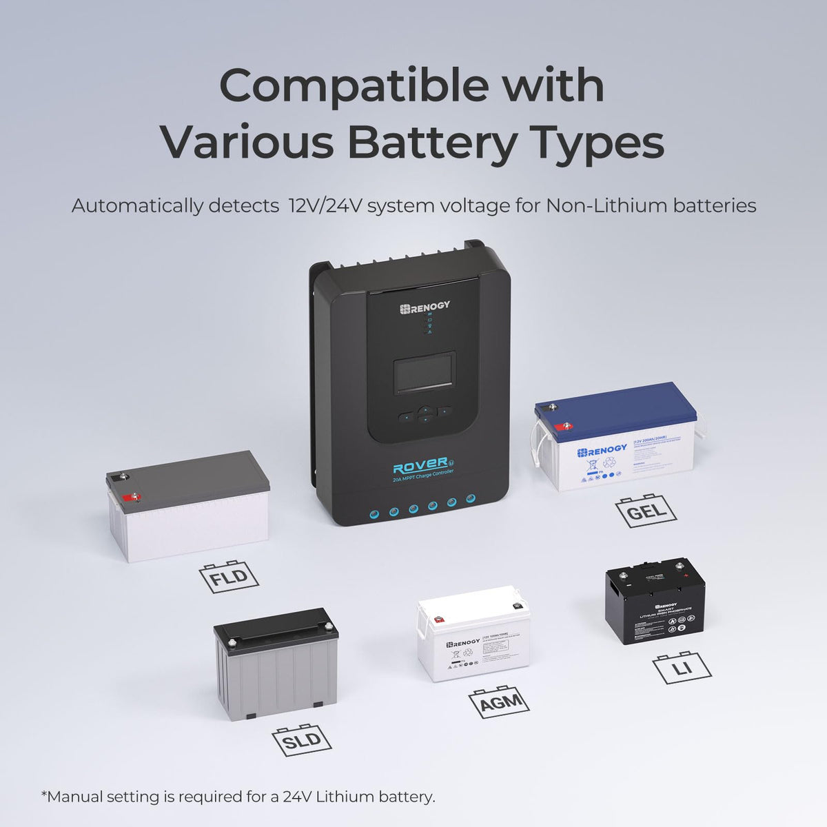 Renogy Rover 20A temperature compensation maintains safe charging across conditions.