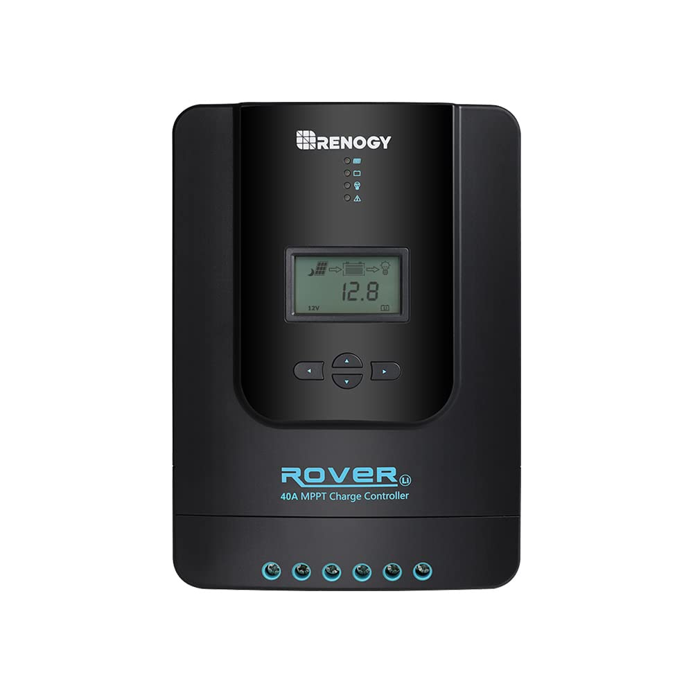 Renogy Rover 40A MPPT controller front panel display shows real-time charging data for quick checks.