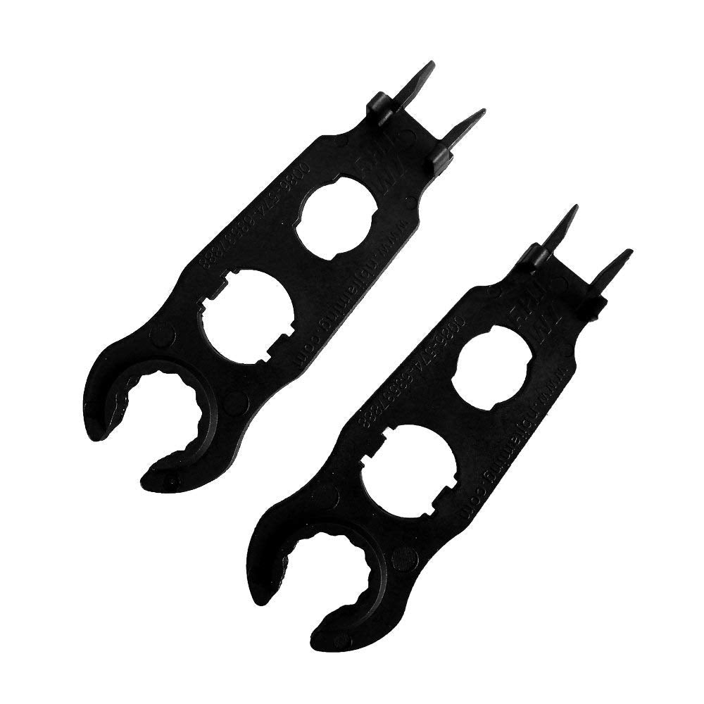 Renogy solar-panel connector assembly tool held in hand for precise wiring setup