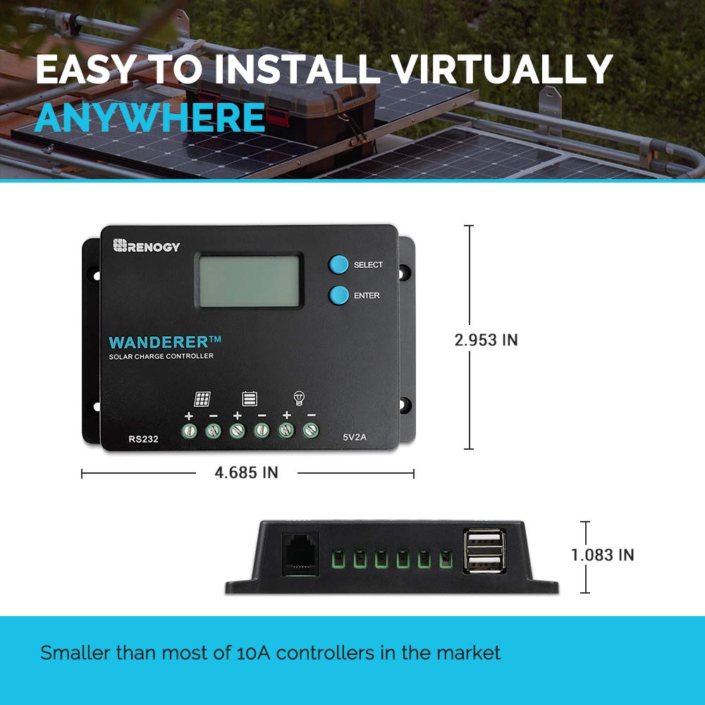 Renogy Wanderer 10A LCD display provides real-time charging data for easier monitoring.