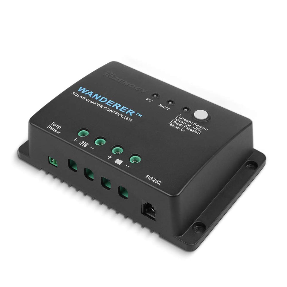Renogy Wanderer Li 30A controller close-up for compact RV and marine installs