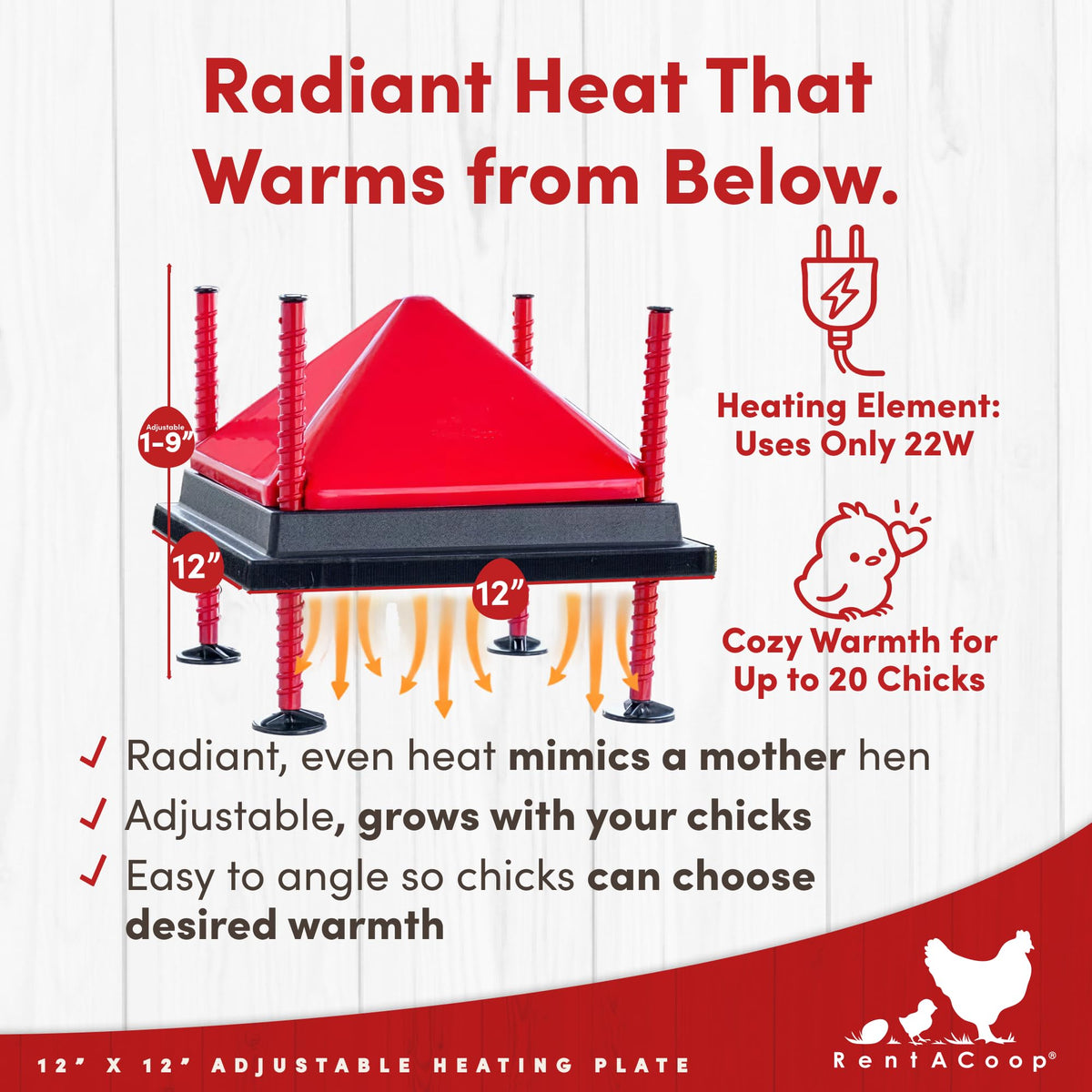 RentACoop anti roost cone attachment prevents chicks from roosting on the heater
