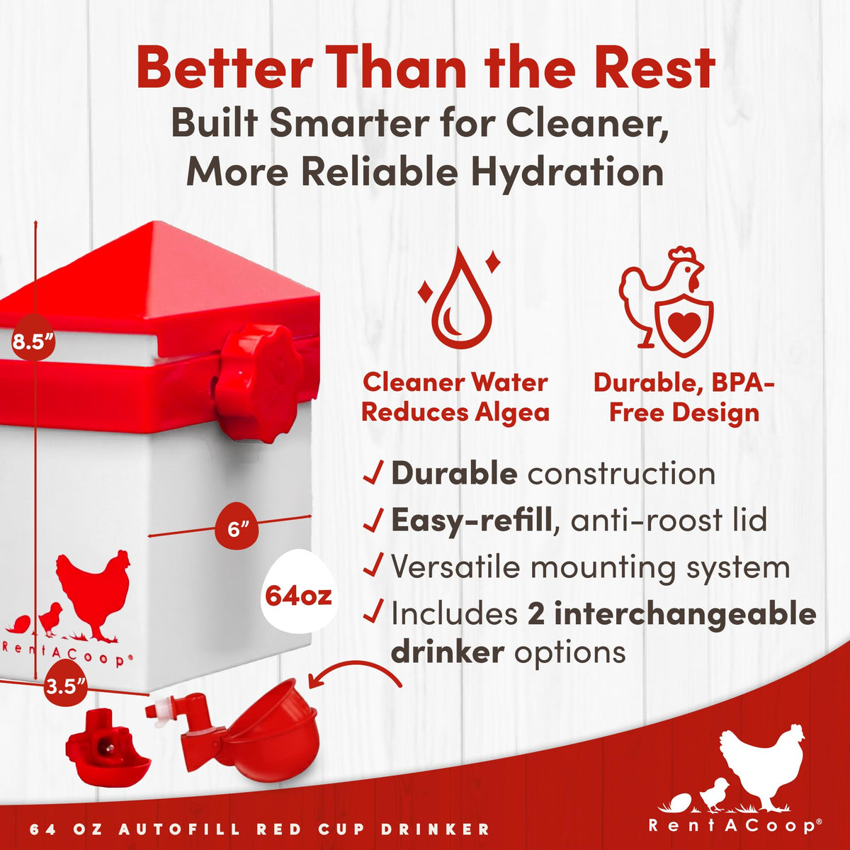 RentACoop auto-fill cup with elbow attachment demonstrates self-replenishing water.