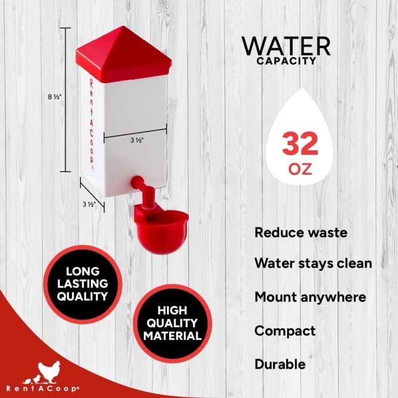 RentACoop auto-fill cup ensures fresh water without daily refilling.