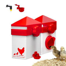 RentACoop Chick2Chicken feeder with sliding port keeps feed tidy.