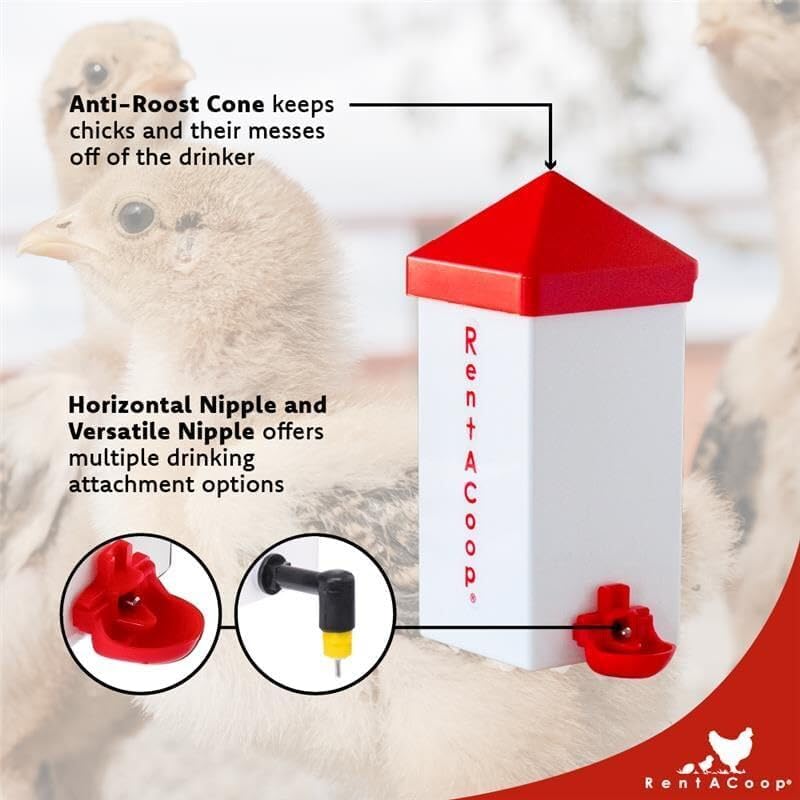 RentACoop Drinker Plus yellow vertical nipple with elbow on the waterer