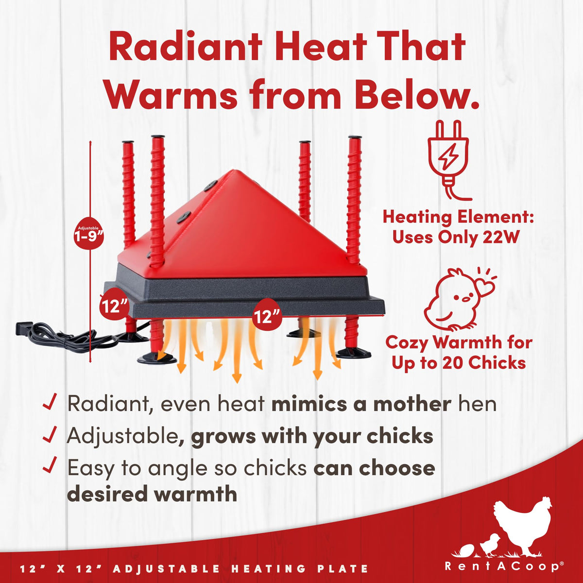 RentACoop foldable anti-roost cone keeps chicks off the heat surface.