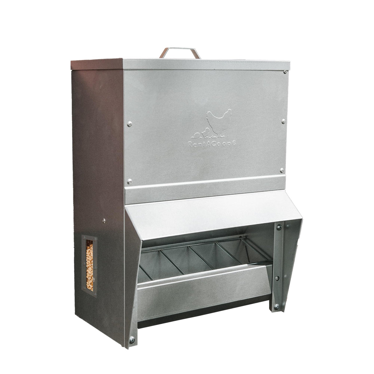 RentACoop metal trough feeder with lid and rain cover, side view for weatherproof, mess-free feeding.