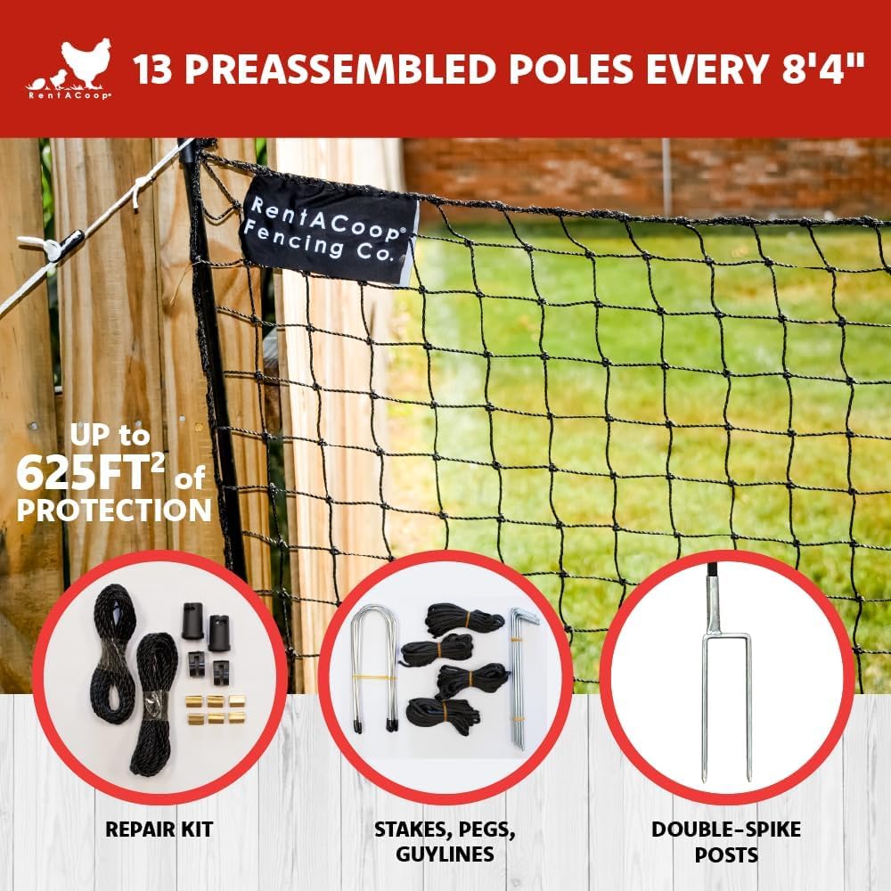 RentACoop U-stakes with guylines secure the fence against wind and movement.