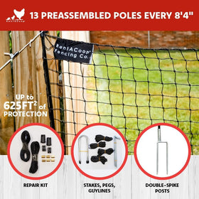 RentACoop U-stakes with guylines secure the fence against wind and movement.