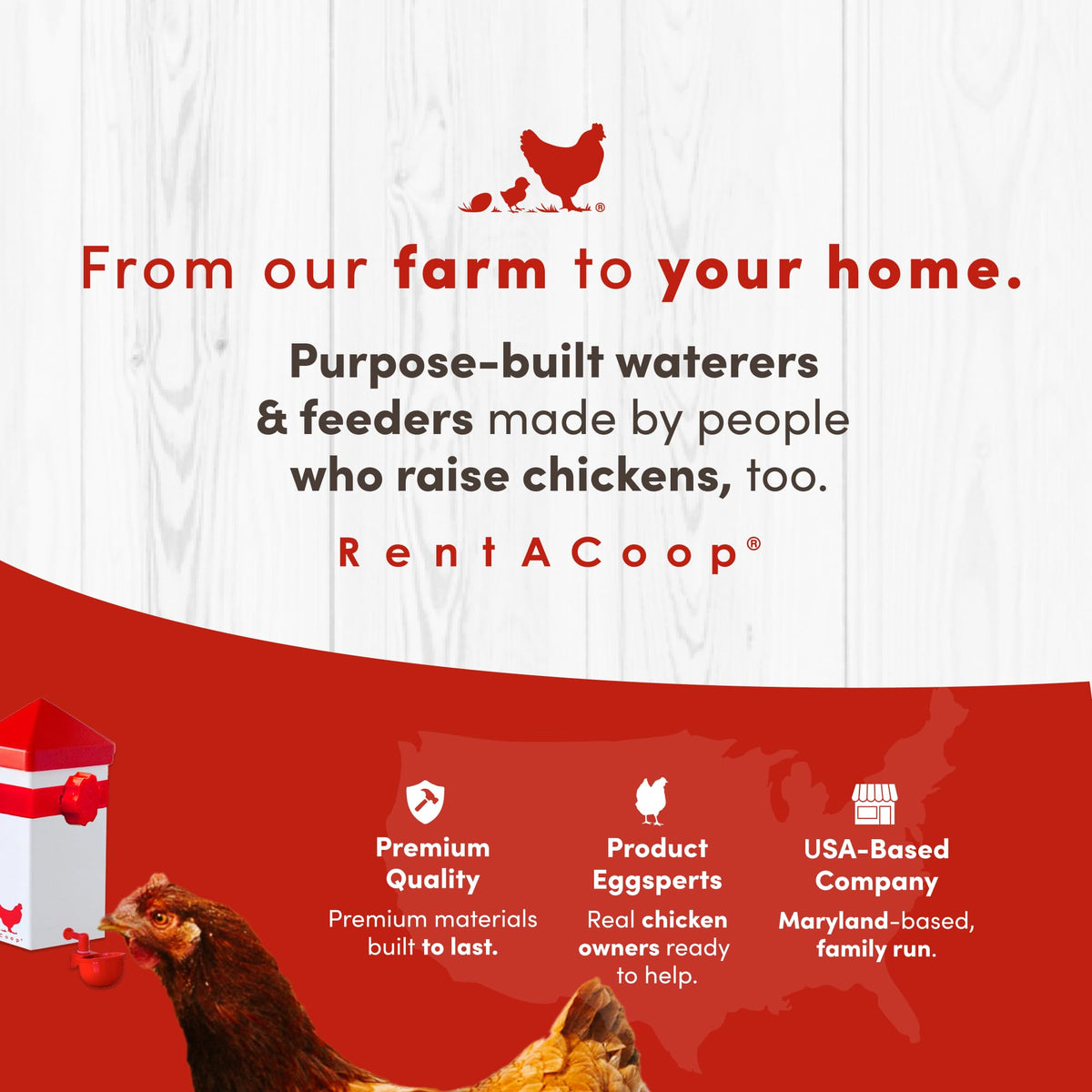 RentACoop contents include waterer, lid, cup, inserts, and clips for setup.