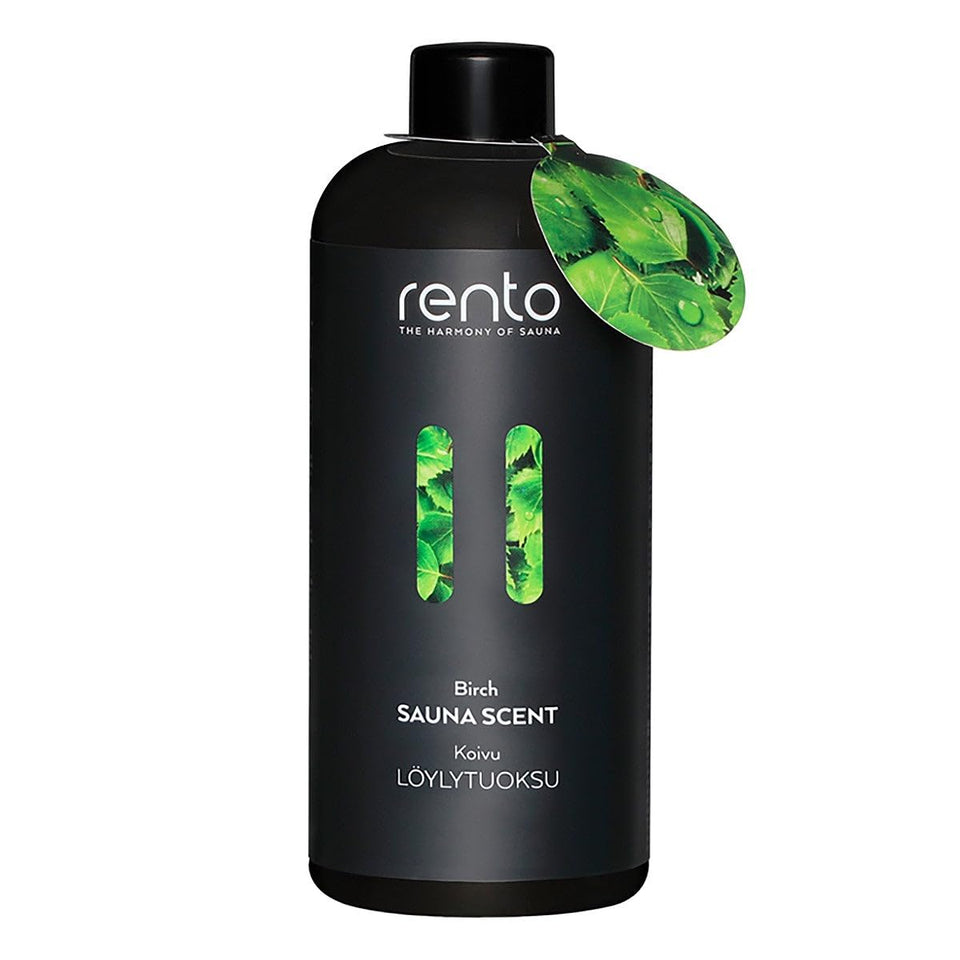 Rento Birch Sauna Scented Oil bottle on wood, ideal for home spa rituals.