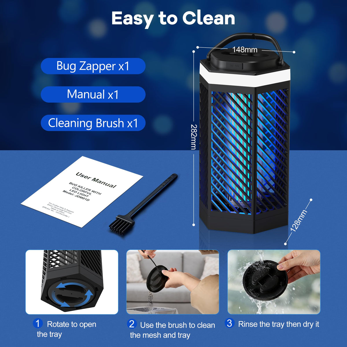REOGLE bug zapper removable tray for quick disposal of dead insects.