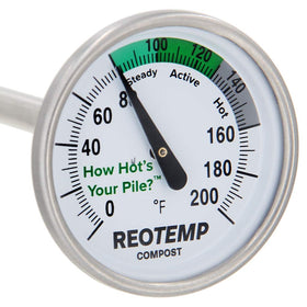 REOTEMP 16in backyard compost thermometer close-up dial for accurate pile monitoring.