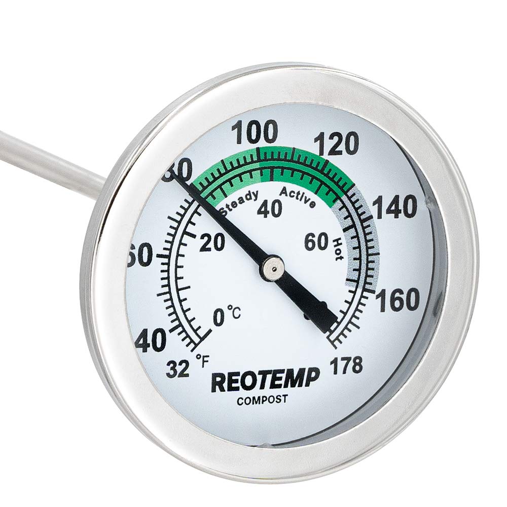 REOTEMP K83B1 twelve-inch stem thermometer measures soil temperature for composting.