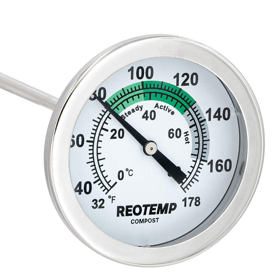 REOTEMP K83B1 twelve-inch stem thermometer measures soil temperature for composting.