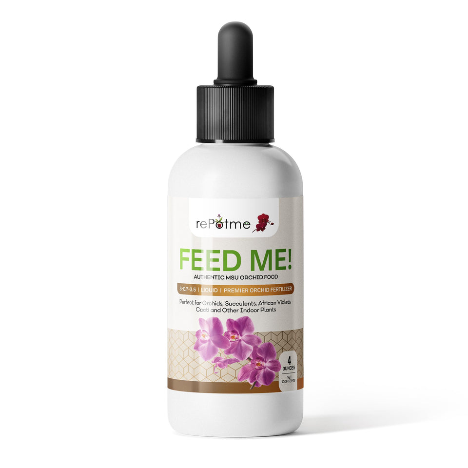 Repotme Orchid Fertilizer bottle label shows MSU formula for vibrant blooms