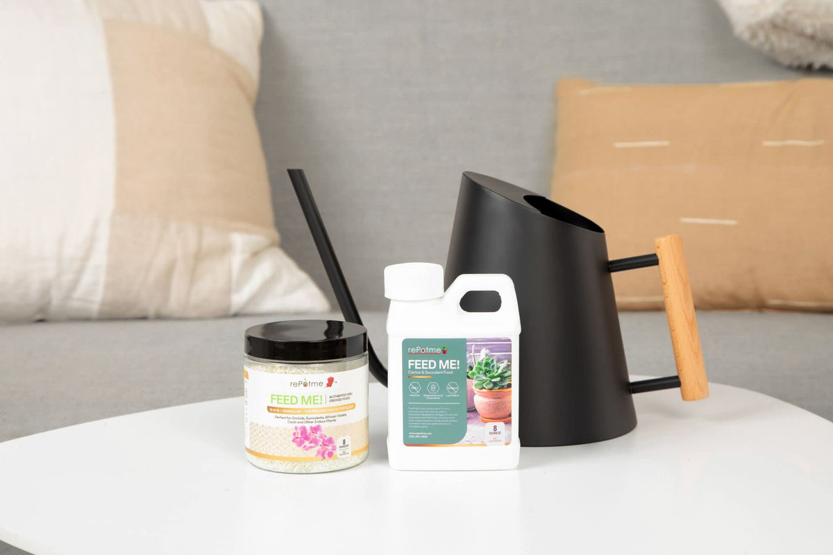 rePotme orchid fertilizer bottle pour demonstrates easy feeding for orchids