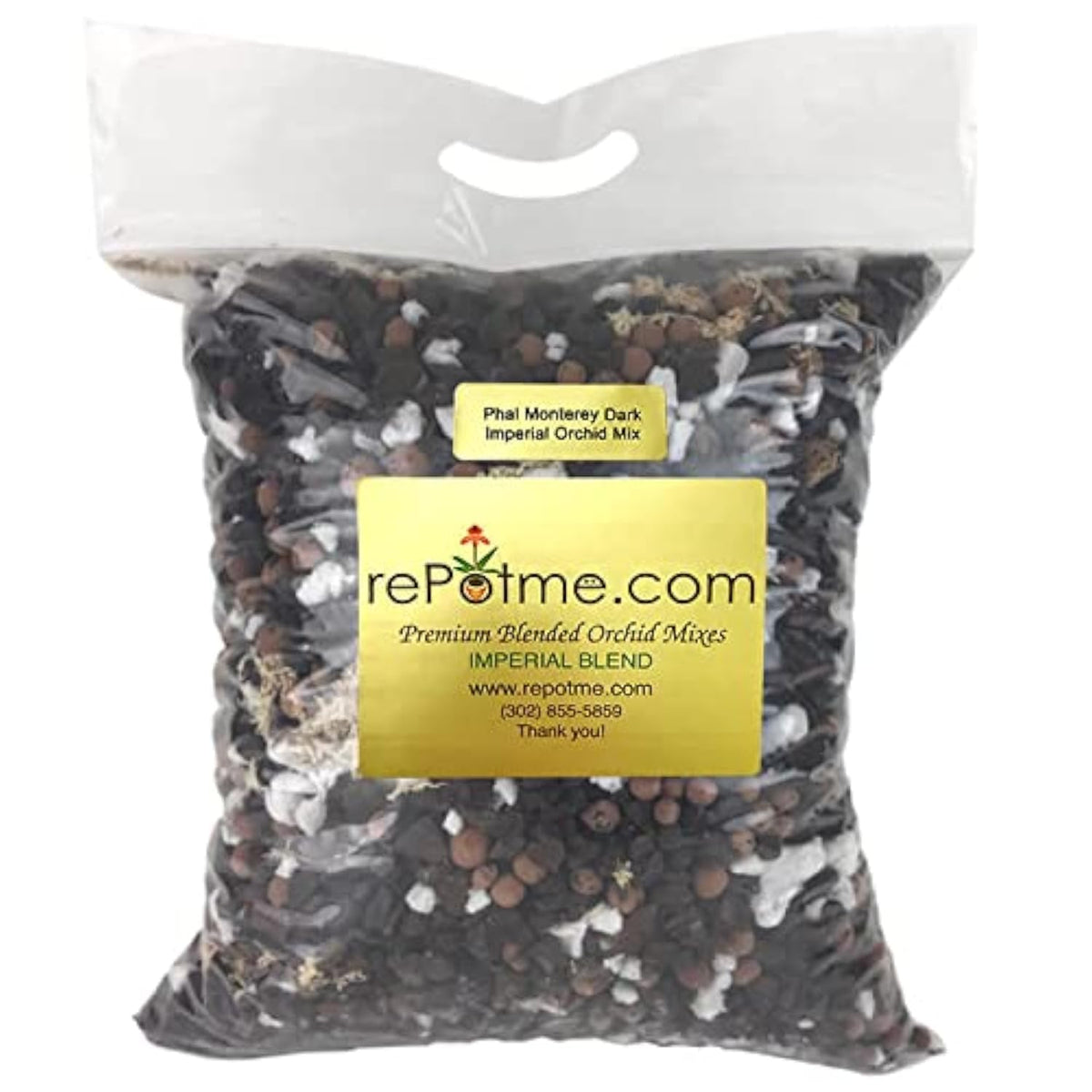 rePotme orchid potting mix Phalaenopsis Monterey Dark Imperial mini bag showing reliable drainage.