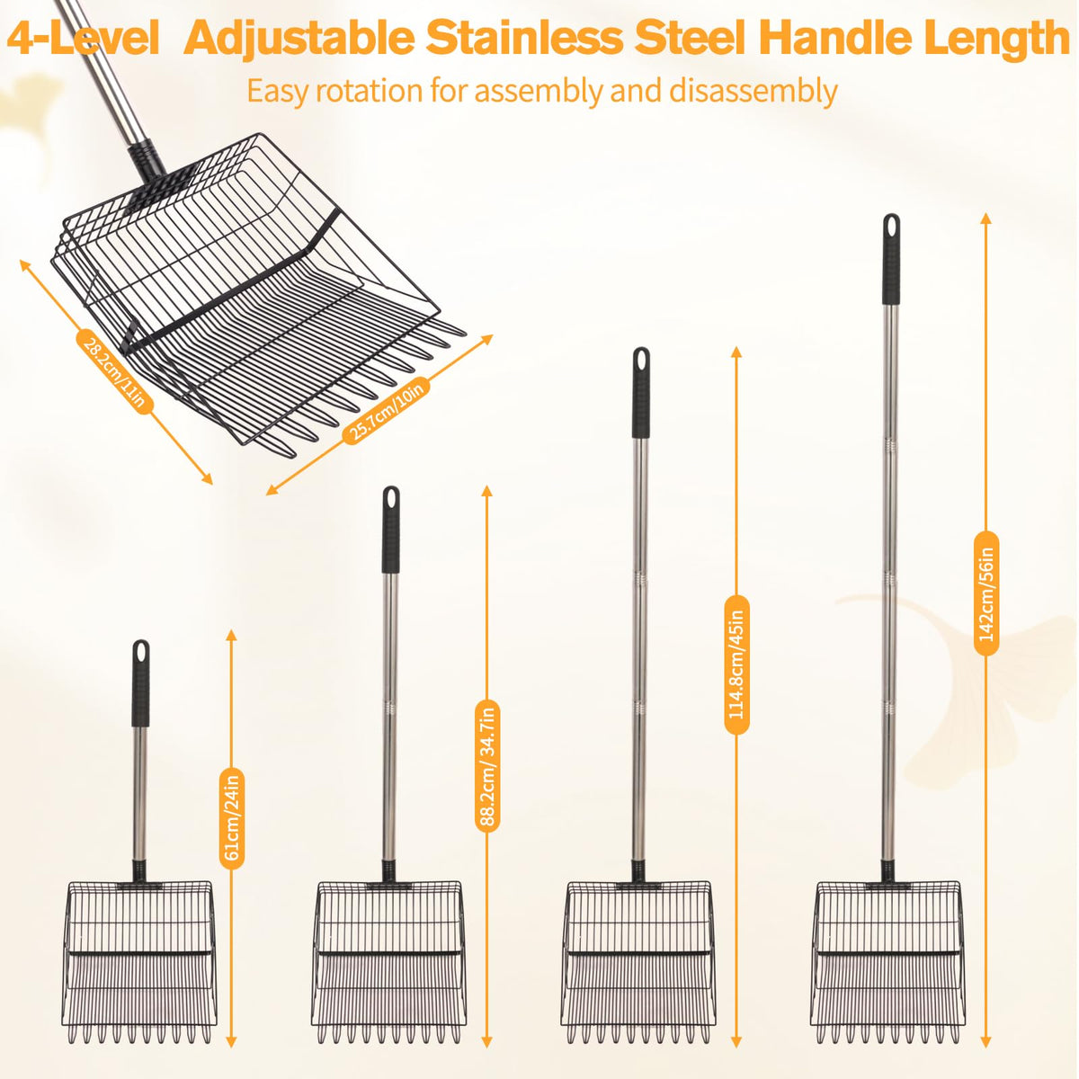 Reptilux adjustable long-handle scoop reaching deep corners to reduce bending