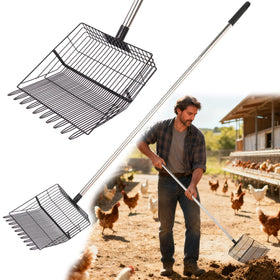 Reptilux heavy-duty chicken poop scooper with mesh sifter for fast coop sand filtering