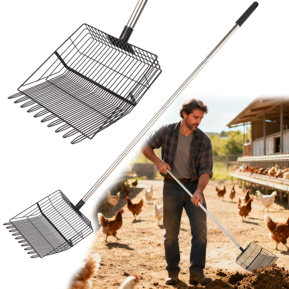 Reptilux heavy-duty chicken poop scooper with mesh sifter for fast coop sand filtering