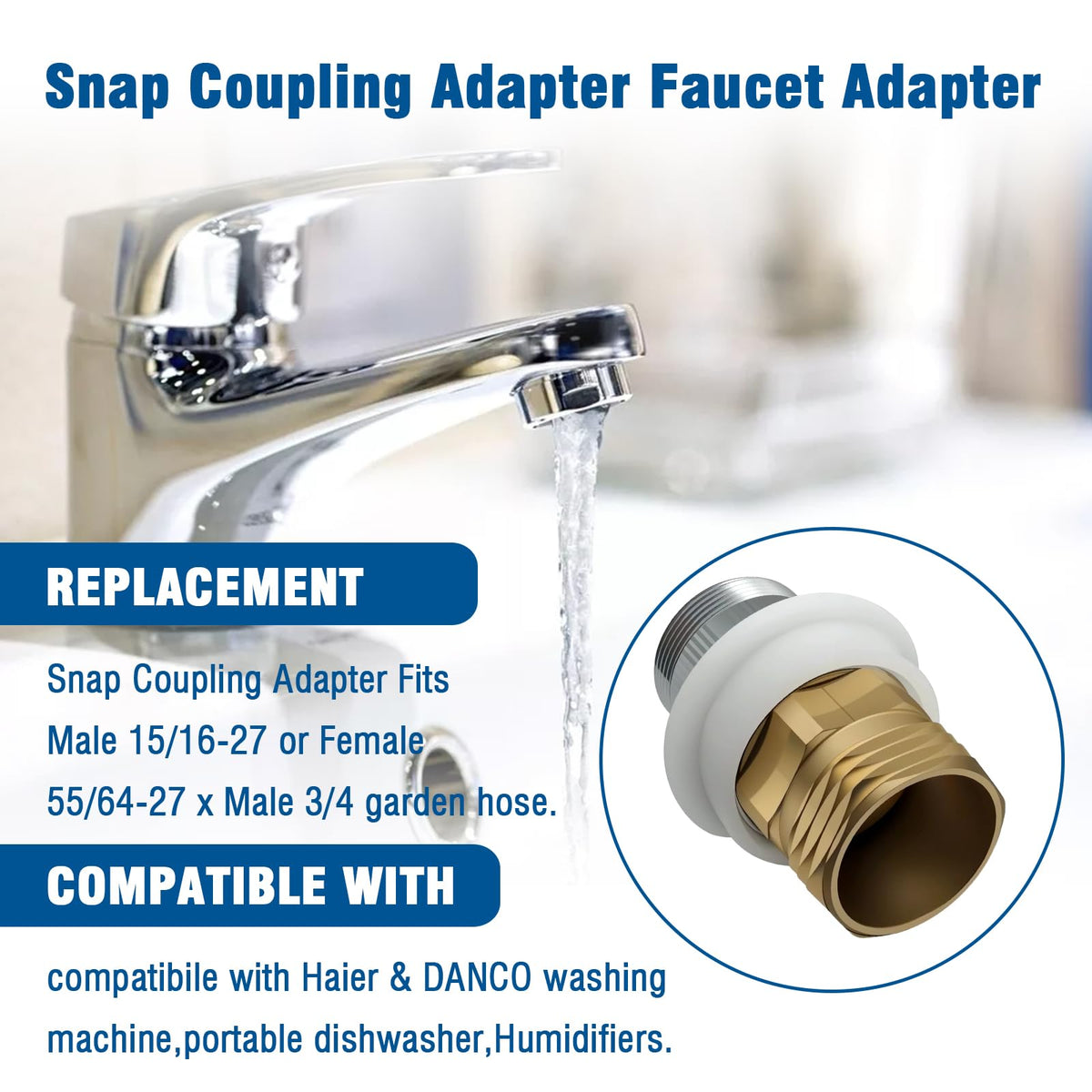 Repustor faucet adapter for Haier and DANCO showing compatibility for portable washers.