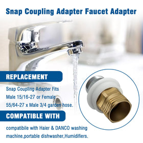 Repustor faucet adapter for Haier and DANCO showing compatibility for portable washers.
