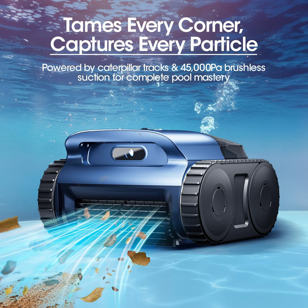 RERIOU cordless robotic pool vacuum side view highlighting traction and stability