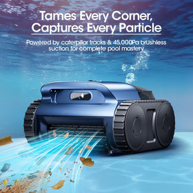 RERIOU cordless robotic pool vacuum side view highlighting traction and stability