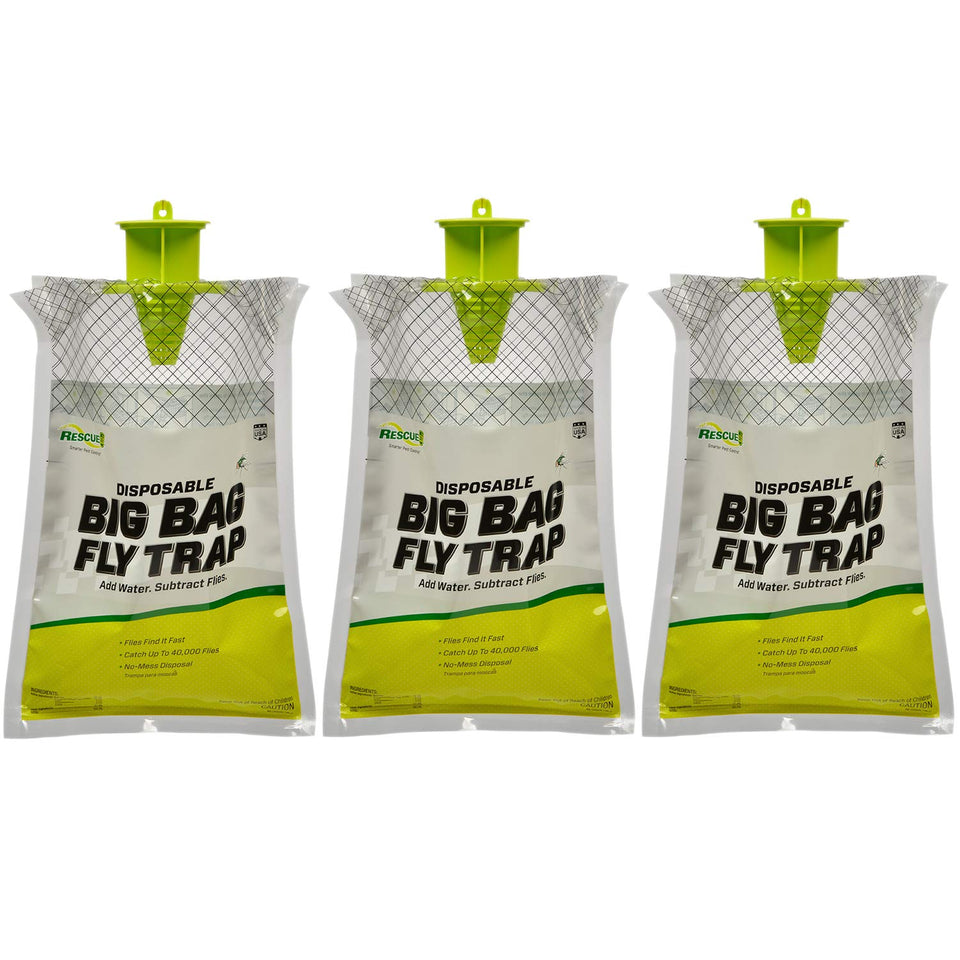 RESCUE! Big Bag Fly Trap outdoor packaging ready for setup to control flies