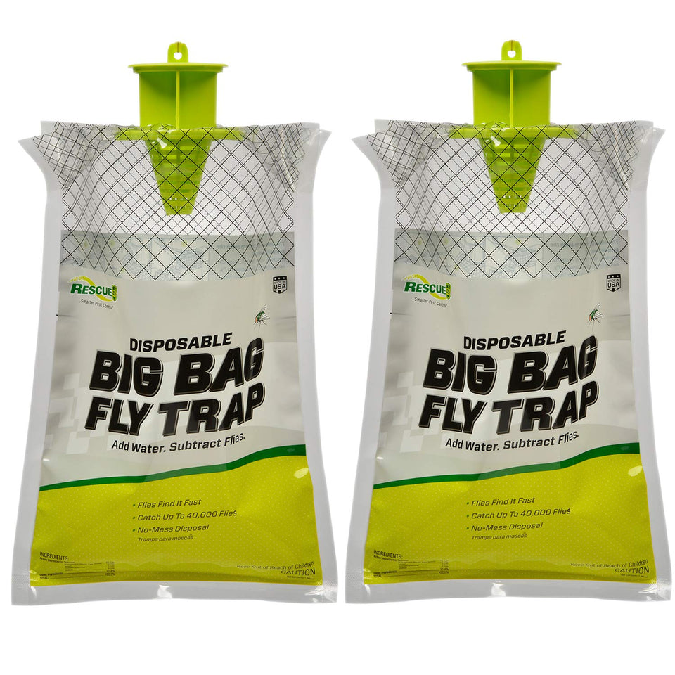 RESCUE! Big Bag Fly Trap outdoor setup showing easy hanging placement for large fly problems.