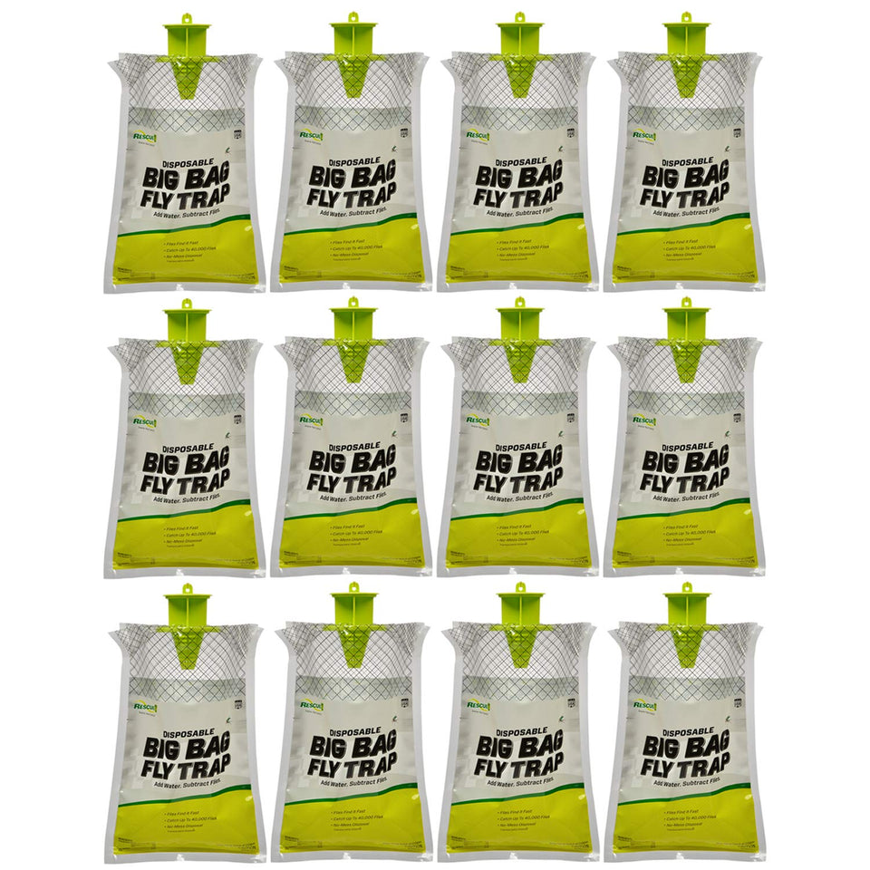 RESCUE! Big Bag Fly Trap outdoor setup showing placement in a barnyard for fly control