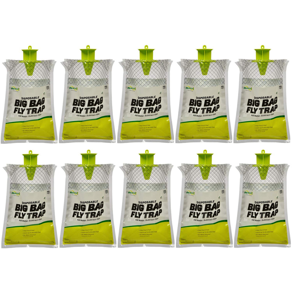 RESCUE! Big Bag Fly Trap ready for outdoor setup to control flies around a yard.