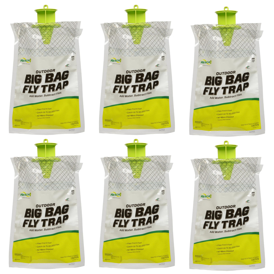 RESCUE! Big Bag Fly Trap outdoors with water activation for fly capture.
