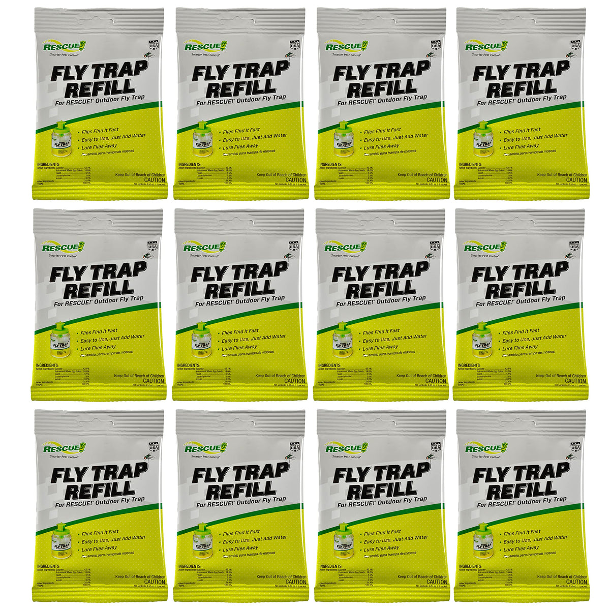 RESCUE! Fly trap bait refill 12-pack attracts common flies outdoors.