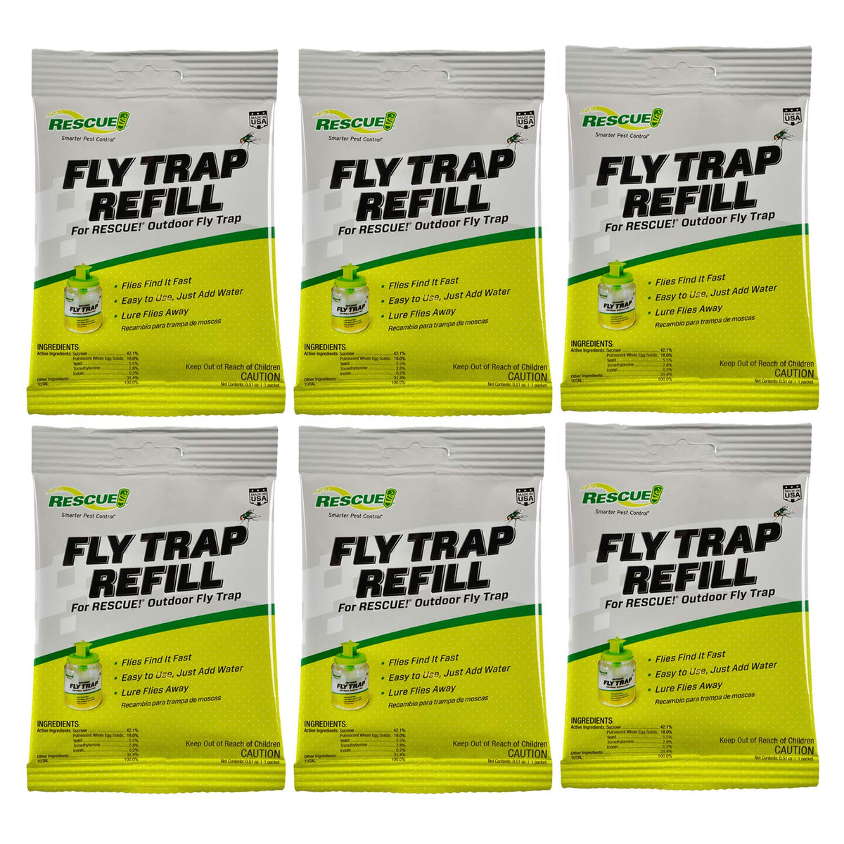 RESCUE! fly trap refill 6-pack ready for outdoor use reduces nuisance flies