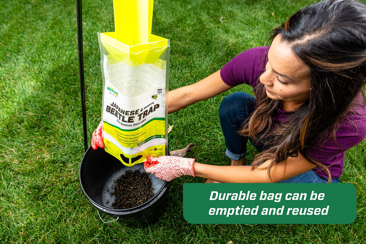 RESCUE! Japanese Beetle Trap easy-lock bottom enables quick emptying and reuse.