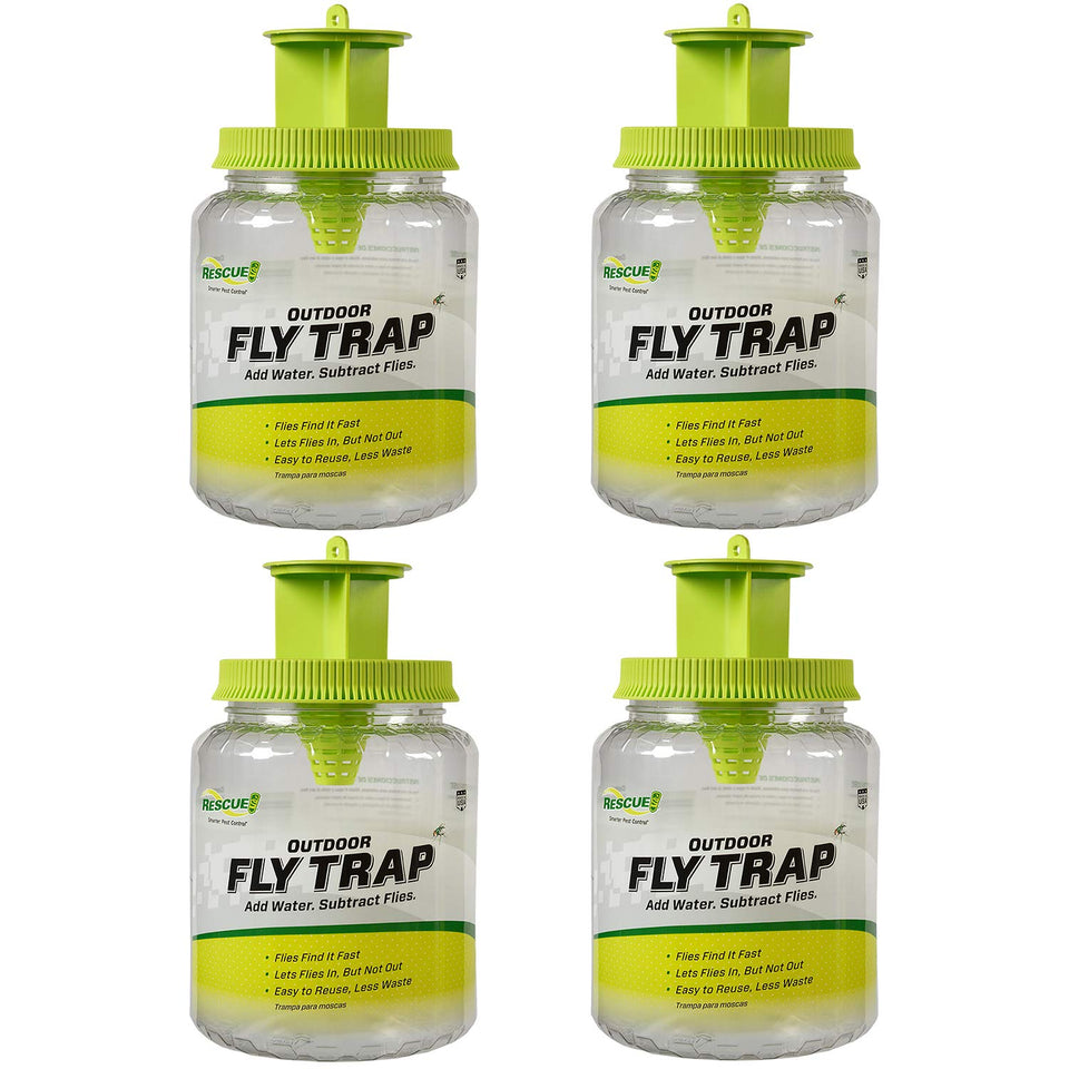 RESCUE! Outdoor Fly Trap with four traps assembled reduces backyard fly activity.