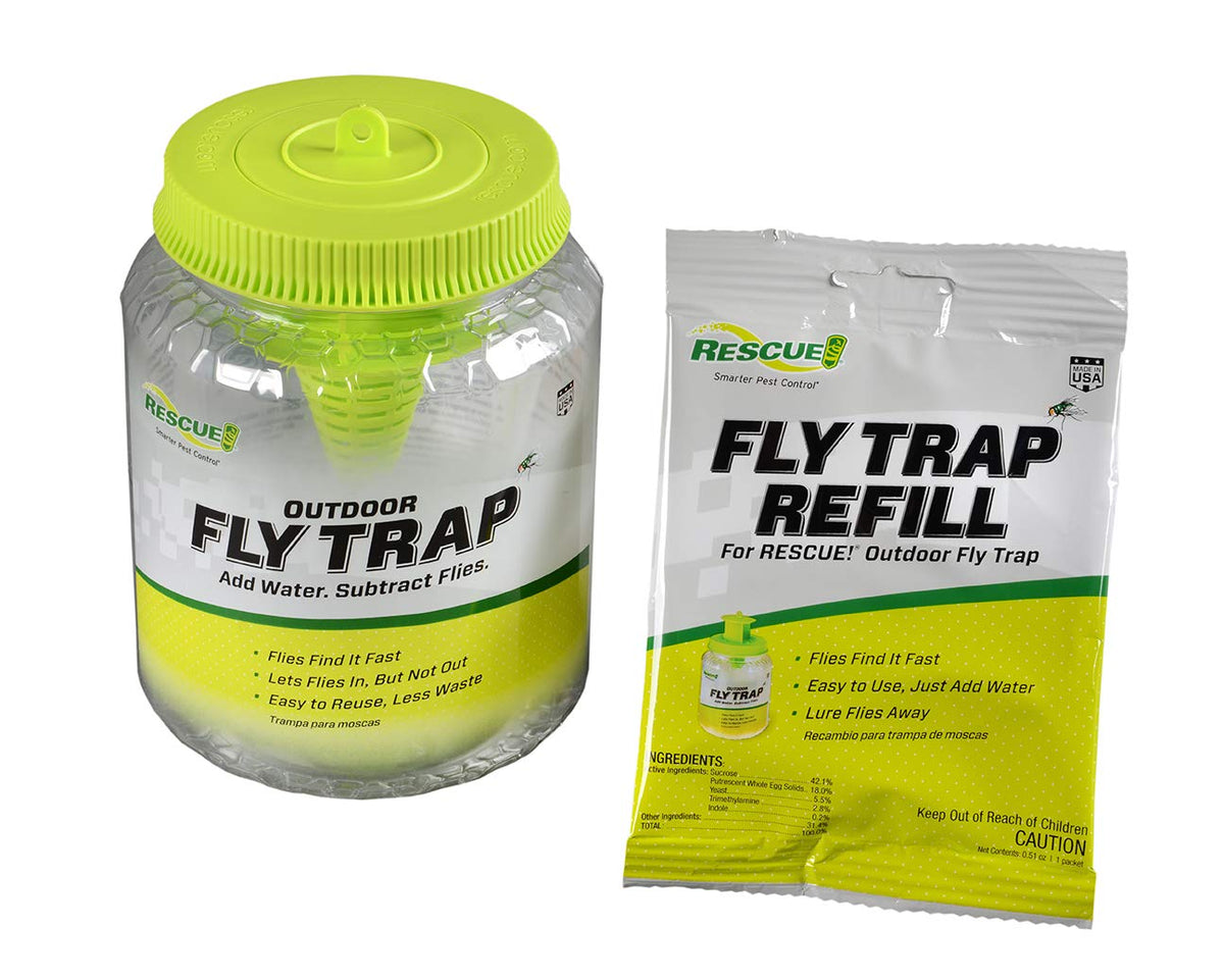 RESCUE! Outdoor Fly Trap attractant lure draws flies away from groups and gatherings.