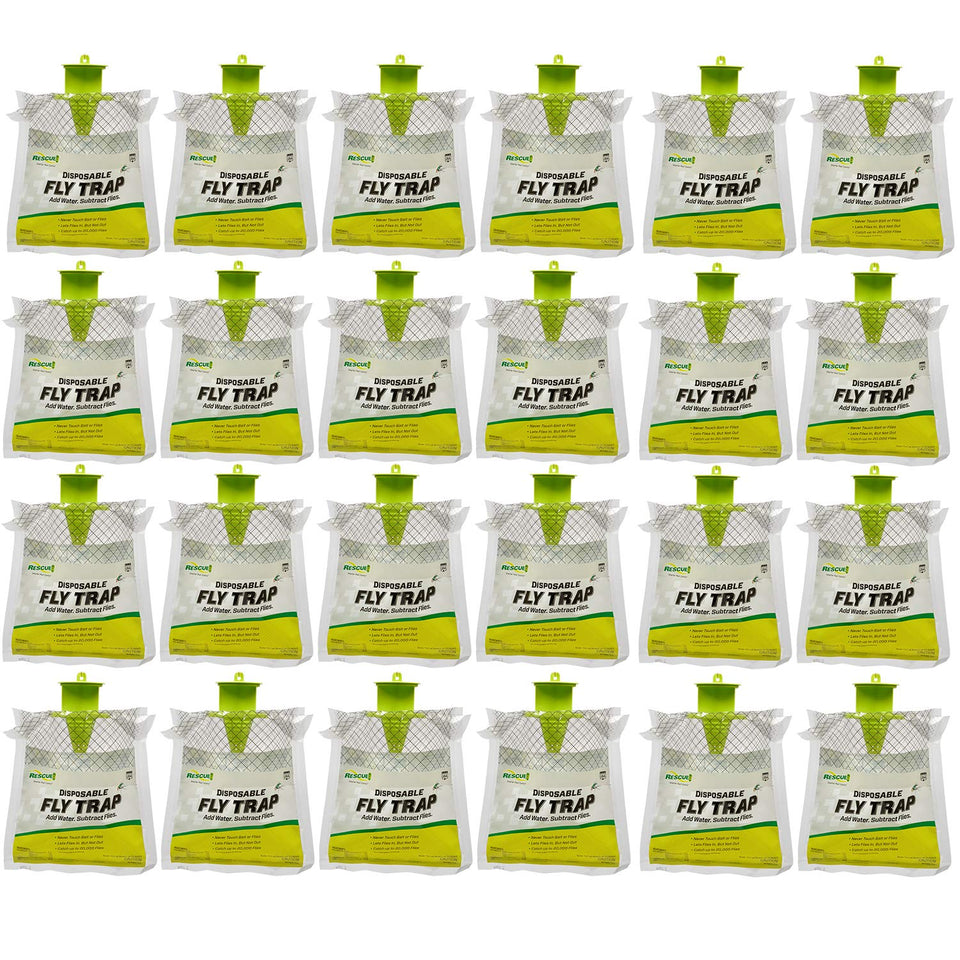RESCUE! Outdoor fly trap hangs with bait to attract flies away from patios and yards.