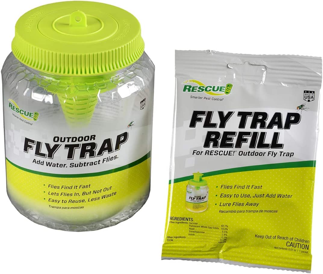 RESCUE fly trap hanging in garden, helping keep flies away from outdoor seating