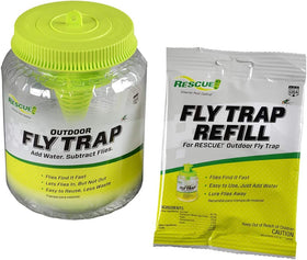 RESCUE fly trap hanging in garden, helping keep flies away from outdoor seating